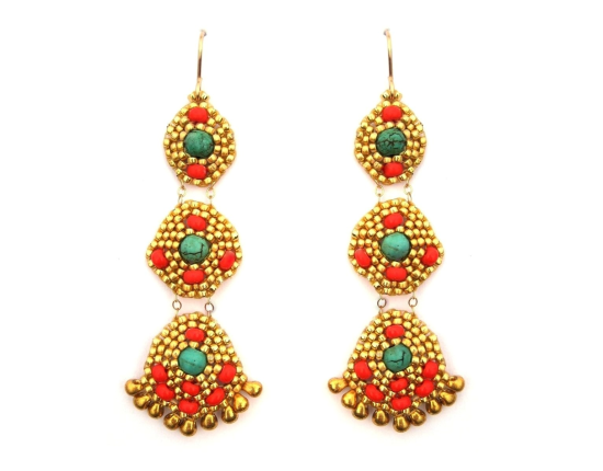 Orion chandelier earrings, howlite and coral glass