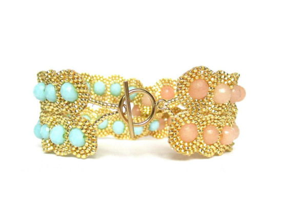 Laloo – Dottie Two Lane Cuff, pink jade and mint glass, back