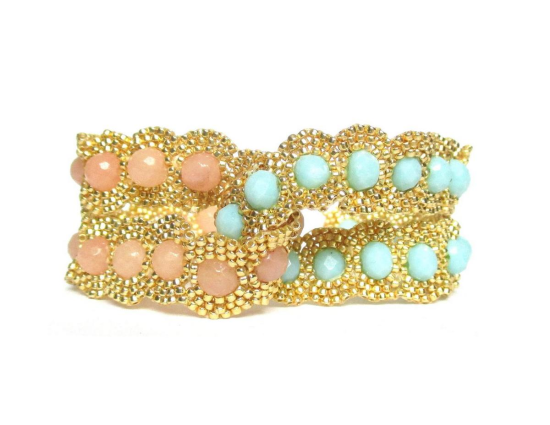 Laloo – Dottie Two Lane Cuff, pink jade and mint glass, front