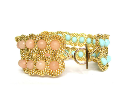 Laloo – Dottie Two Lane Cuff, pink jade and mint glass, side