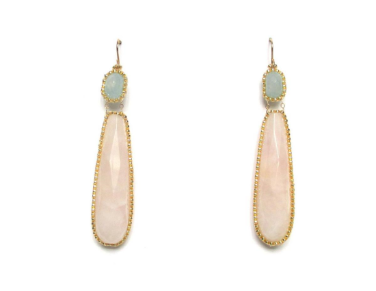 Laloo – Exclamation Earrings, pink quartz and aquamarine, large