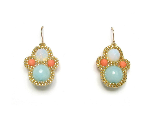 Laloo – Matryoshka Earrings, light blue jade, moonstone and coral howlite