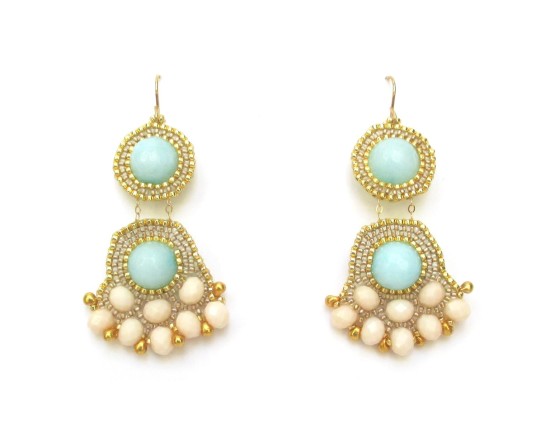 Laloo – Fandangle Chandelier Earrings, light blue jade and blush glass