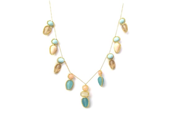 Laloo – Firefly Necklace, blue jade, quartz and blue, peach and smoke glass