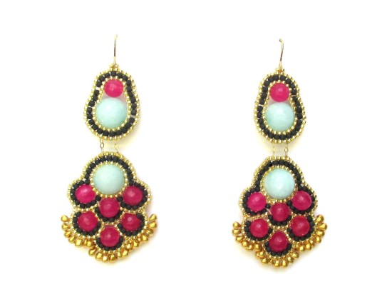 Laloo – Ming Chandelier Earrings, light blue and magenta jade